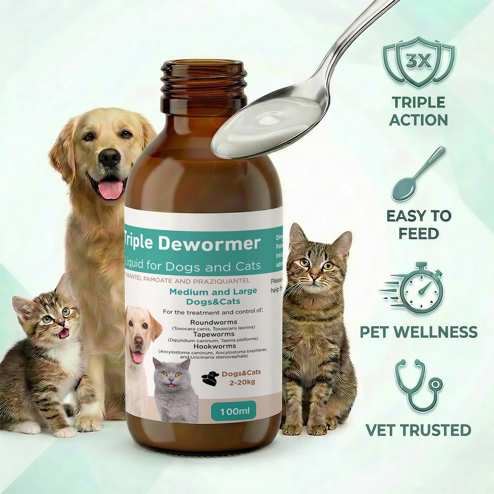 Petcci liquid bottle label closeup highlighting dosage and usage for pets.