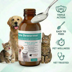 Petcci liquid bottle label closeup highlighting dosage and usage for pets.