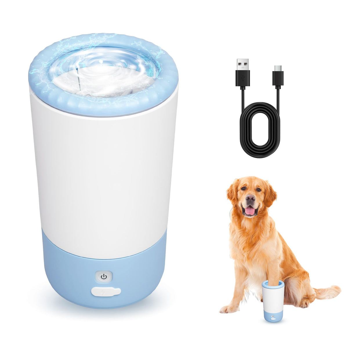 PETCHO electric paw cleaner cup demonstrating 360° cleaning for muddy paws after walks