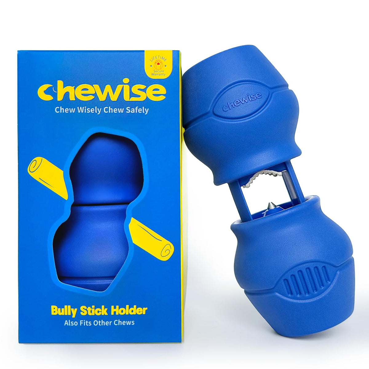 PetClan Chewise holder with metal teeth securing a bully stick during chew.