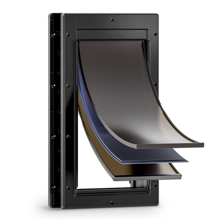 Petcoming 3-flap dog door front view showing wide opening for large pets up to 100 lb.