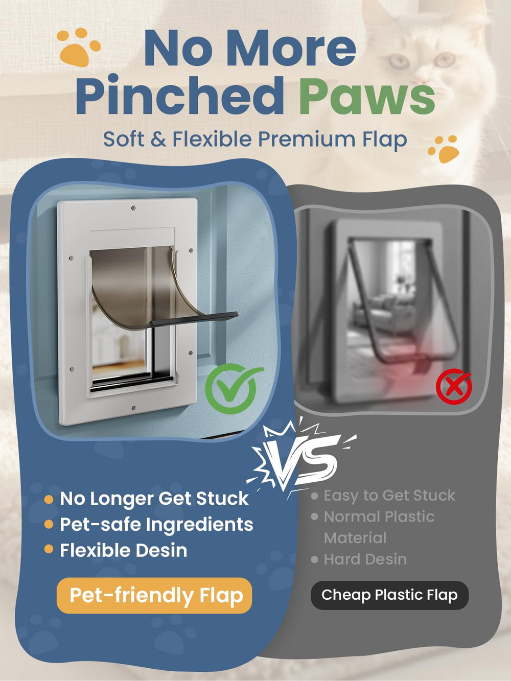 PETCOMING cat door flap opening 8.7 by 5.7 inches for larger cats.