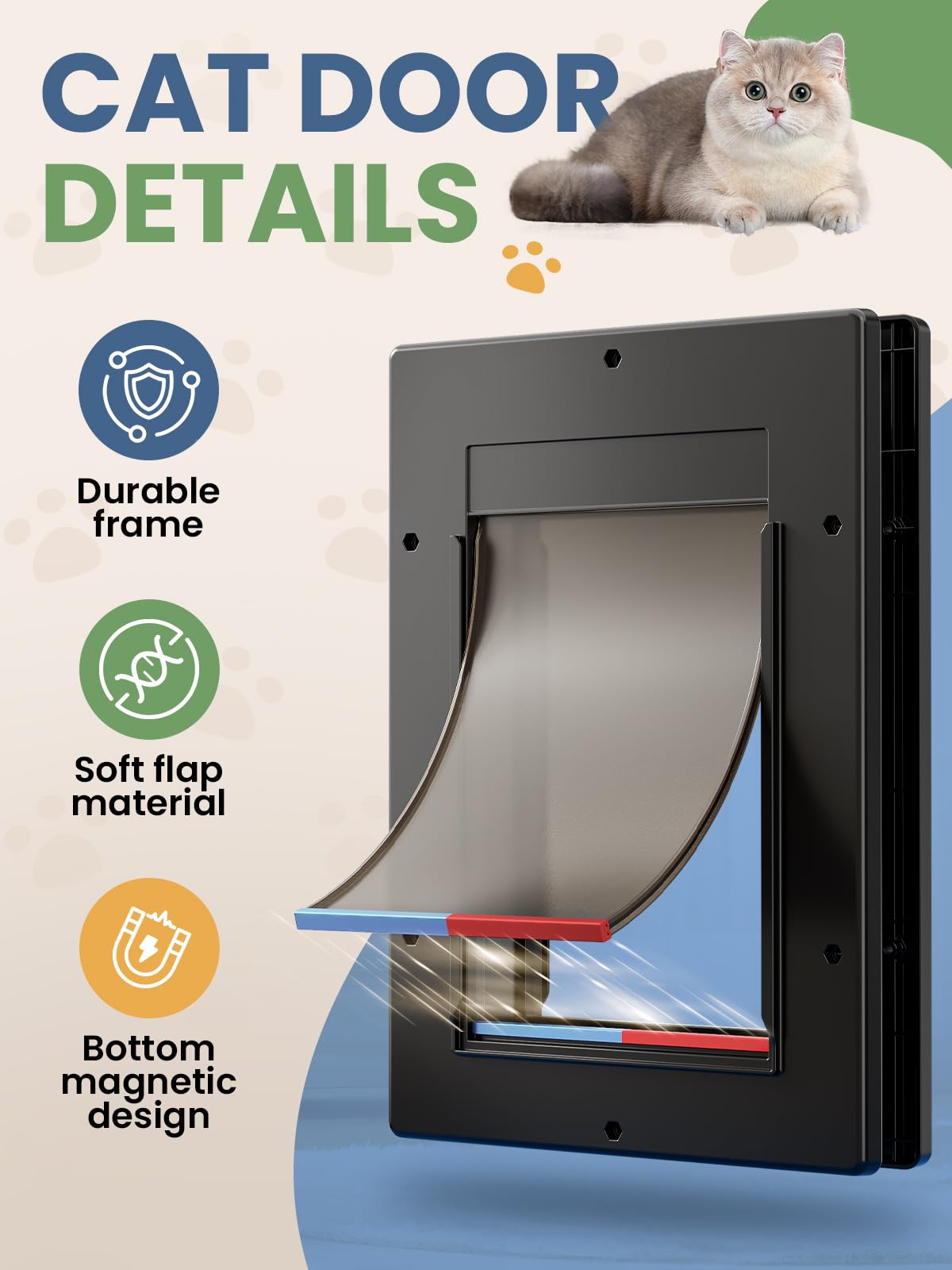 PETCOMING cat door flap opening 8.7 by 5.7 inches fits cats up to 20 lbs