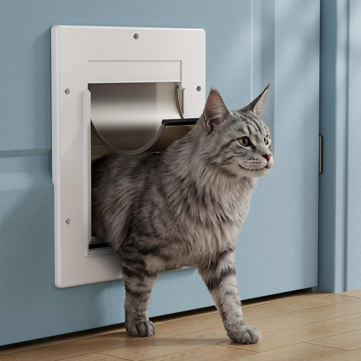 PETCOMING cat door with soft magnetic flap for quiet, smooth closing.