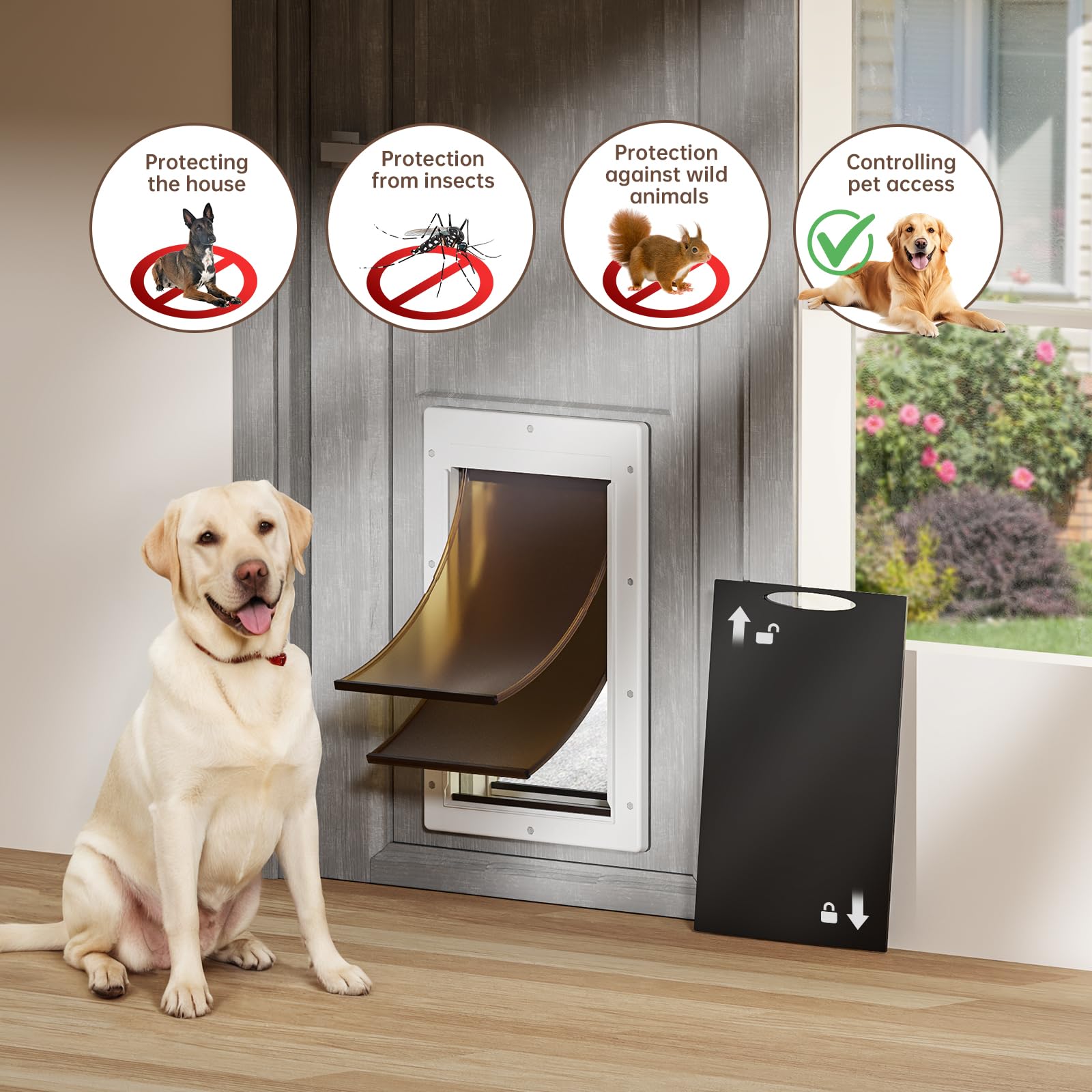 PETCOMING Never Rust dog door installation template—easy setup guide image.
