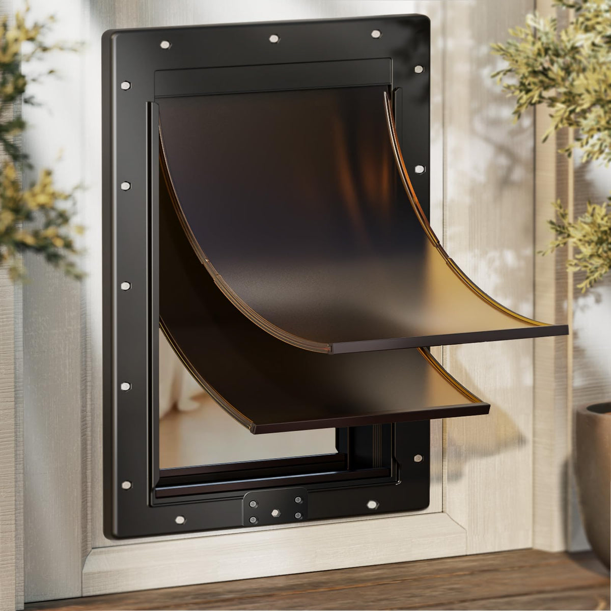 Petcoming XL dog door outer frame shows durable rust-free plastic for outdoor use