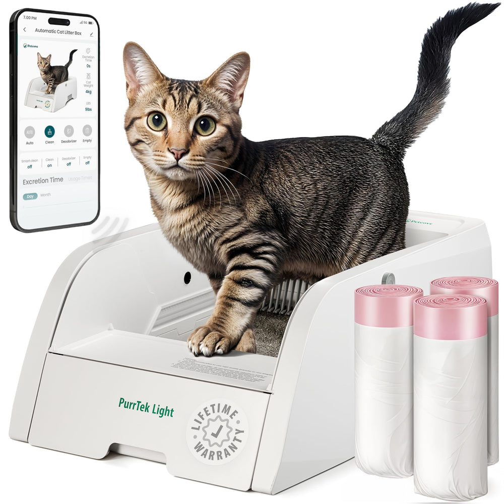Petcove PurrTek Light self-cleaning litter box front view showing quiet operation