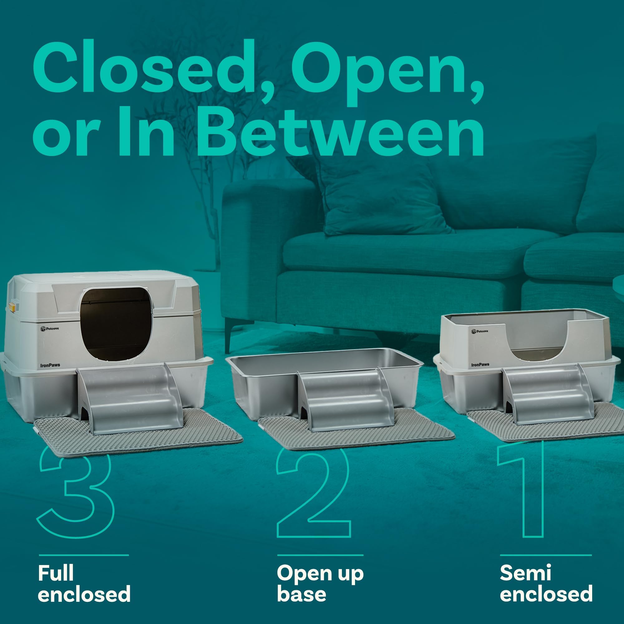 PetCove XL litter box includes steps, mat, and scoop for easy, mess-free maintenance.