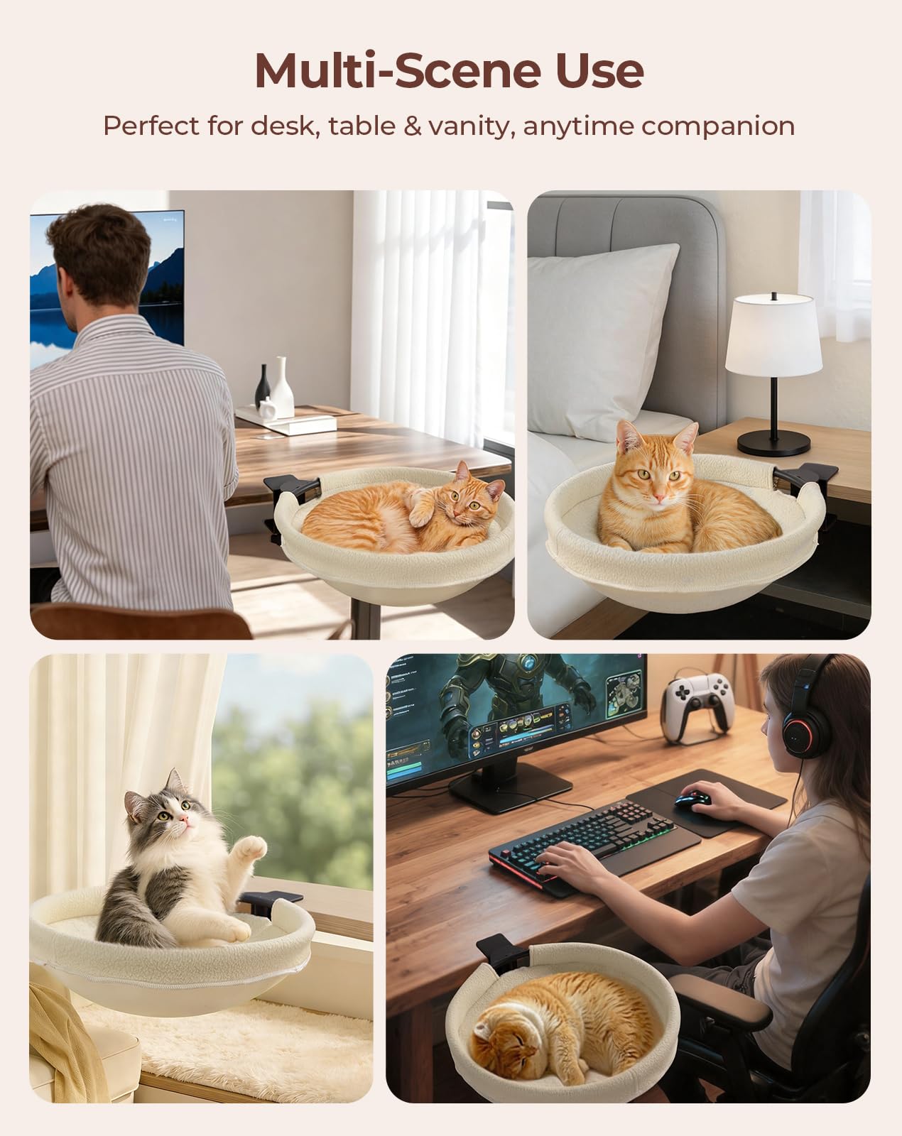 Petcozife Cat Desk Bed mounted on various surfaces showing desk compatibility