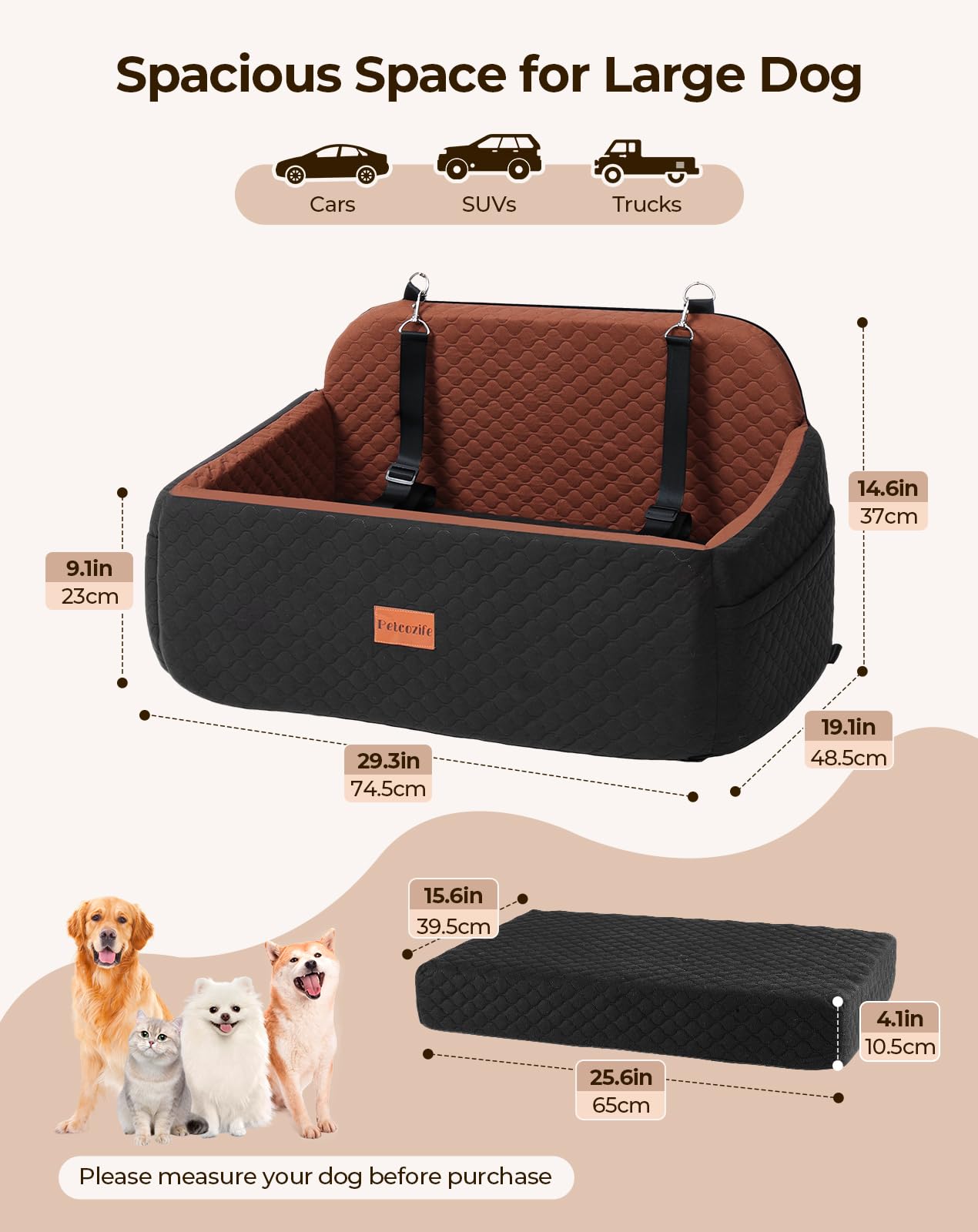 Petcozife dog car seat capacity image demonstrates room for two dogs on trips.