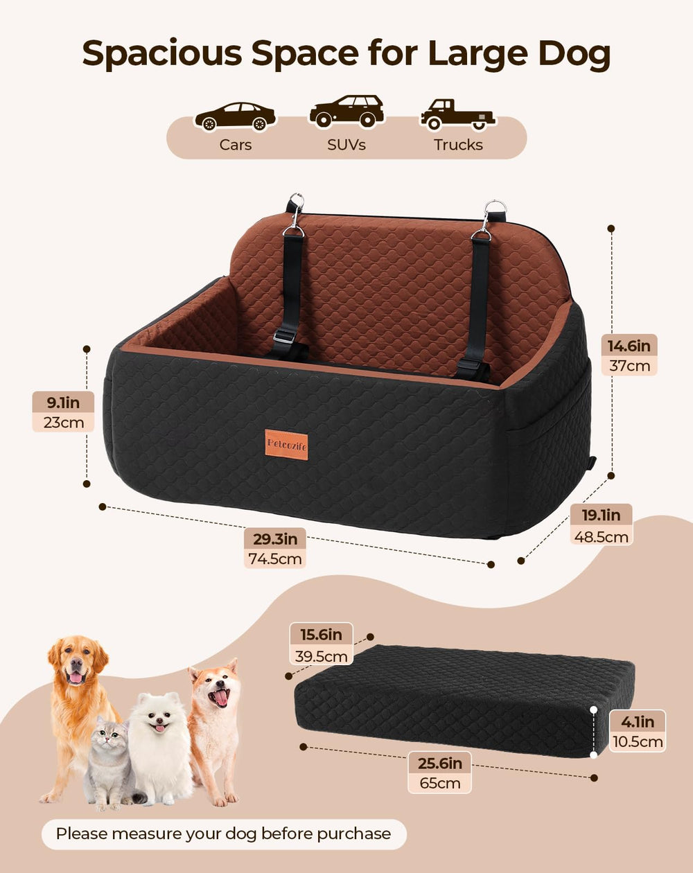 Petcozife dog car seat capacity image demonstrates room for two dogs on trips.