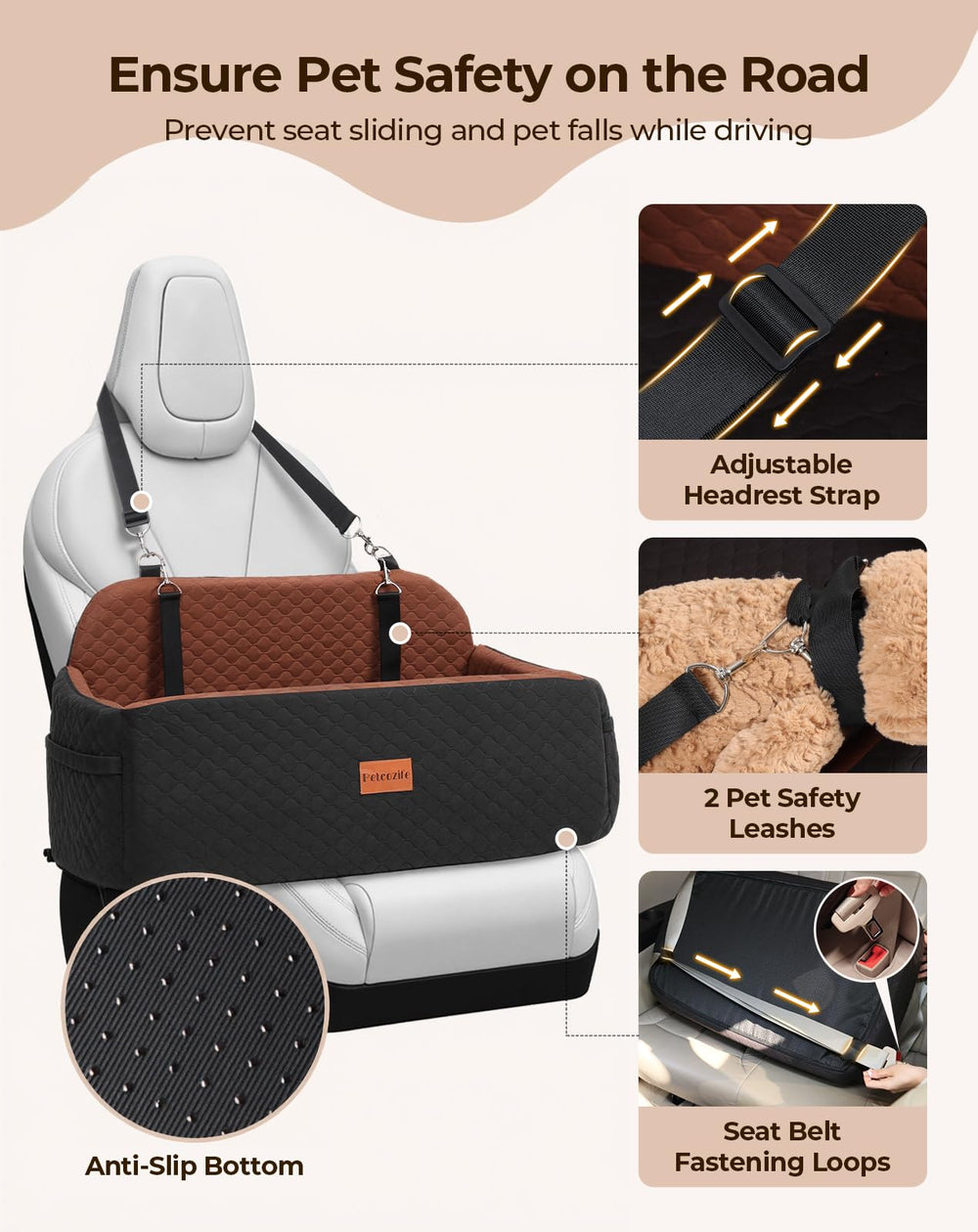 Petcozife dog car seat side storage pockets keep leashes organized.