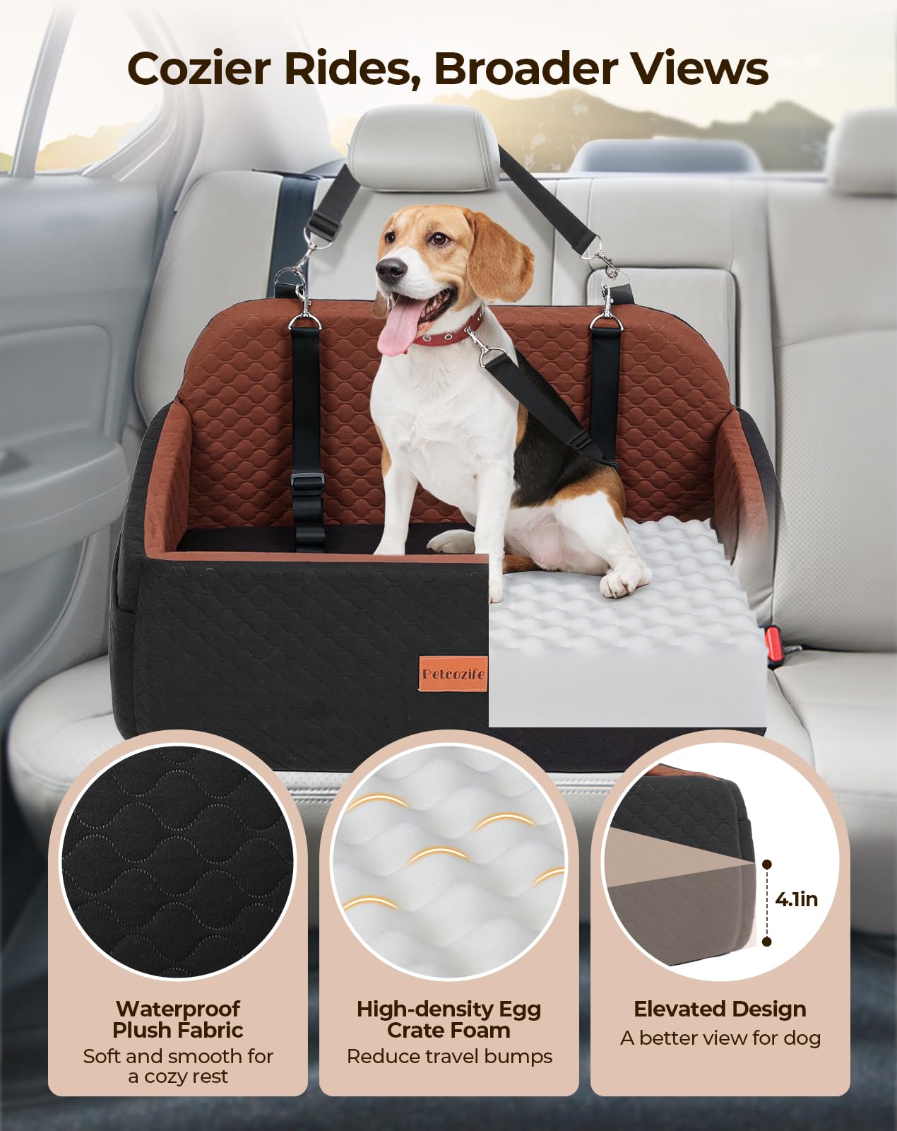 Petcozife dog car seat thick foam support cushions anxious riders.