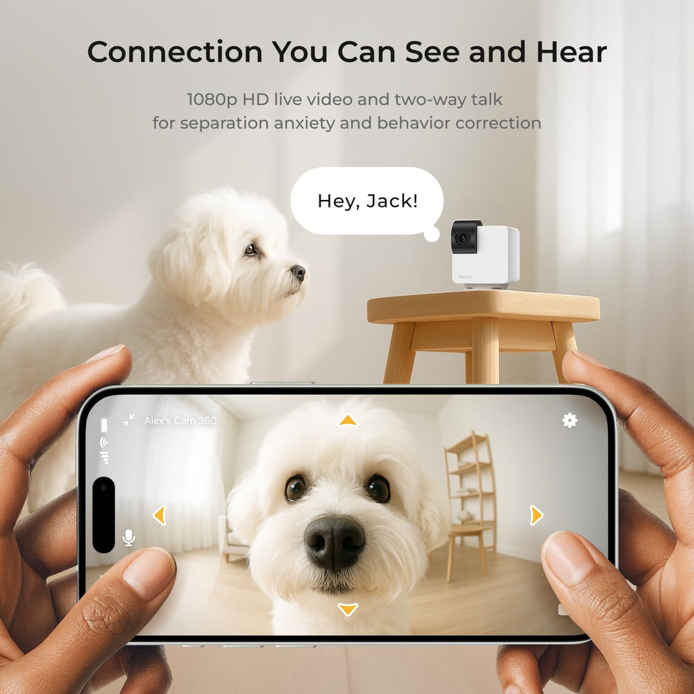 Petcube Cam 360 pan-tilt rotation covers every angle in the room.