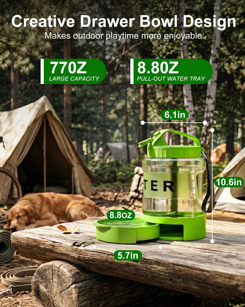 Large 2.2L capacity shown in a backpack on a camping trip.