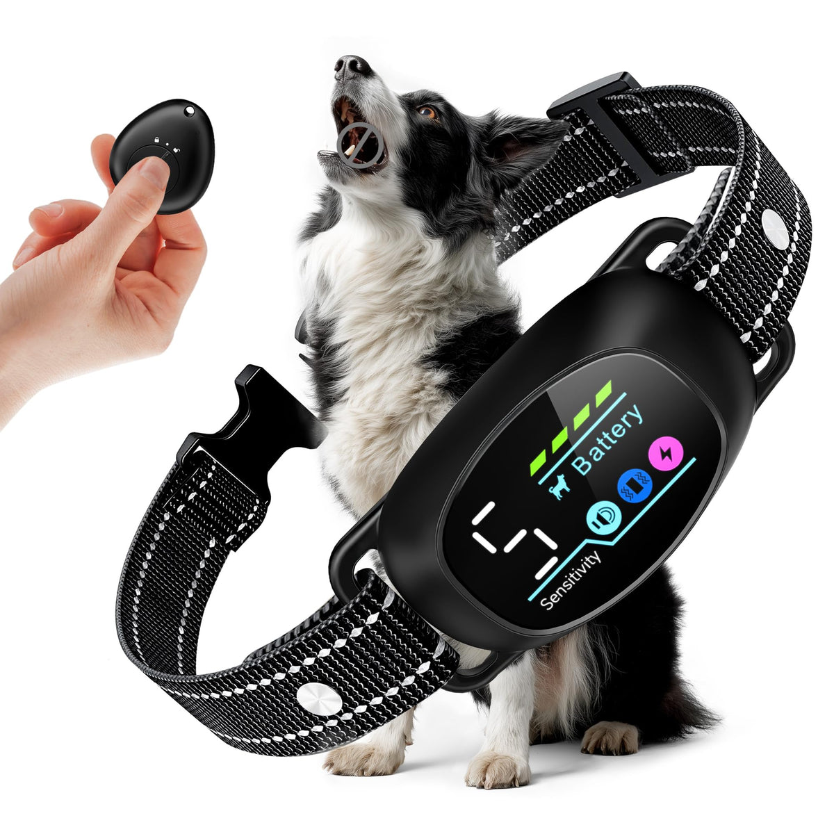 PETDOTT anti bark collar close-up shows precise bark detection for humane training