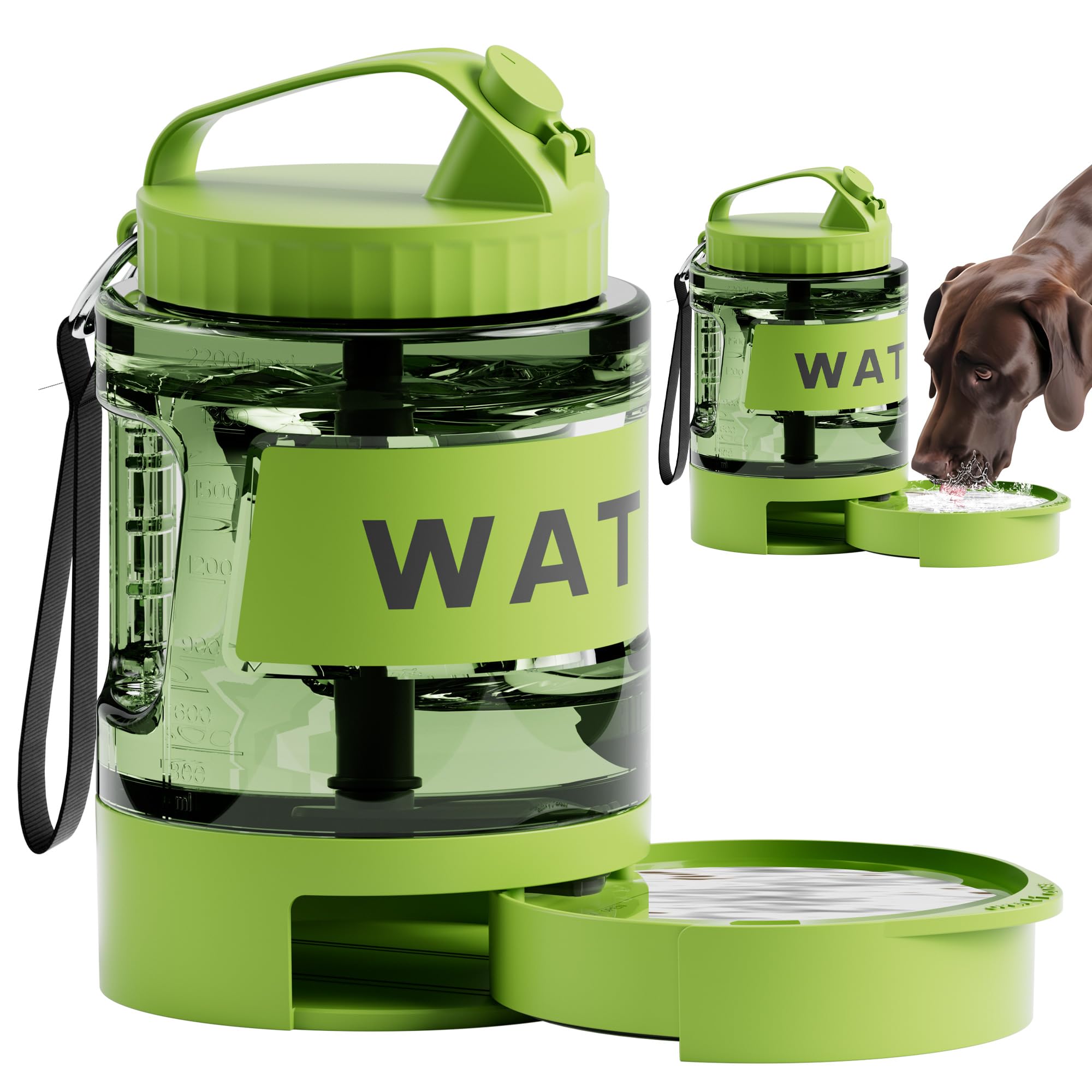 Travel ready bottle designed for active dogs on road trips.