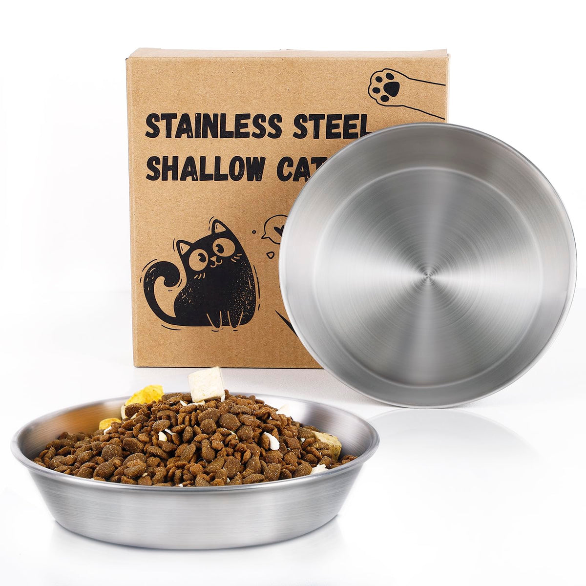 Petdream 2-pack stainless steel cat bowls closeup shows durable rust-resistant design for daily feeding