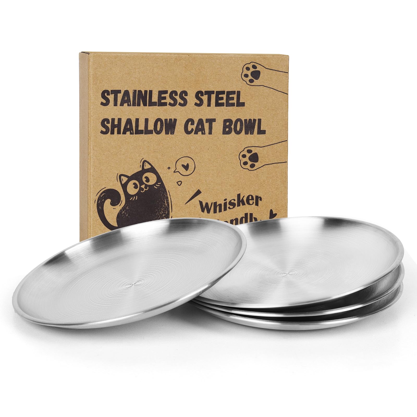 Petdream four-pack stainless steel cat bowls, durable and rust-resistant for daily meals.