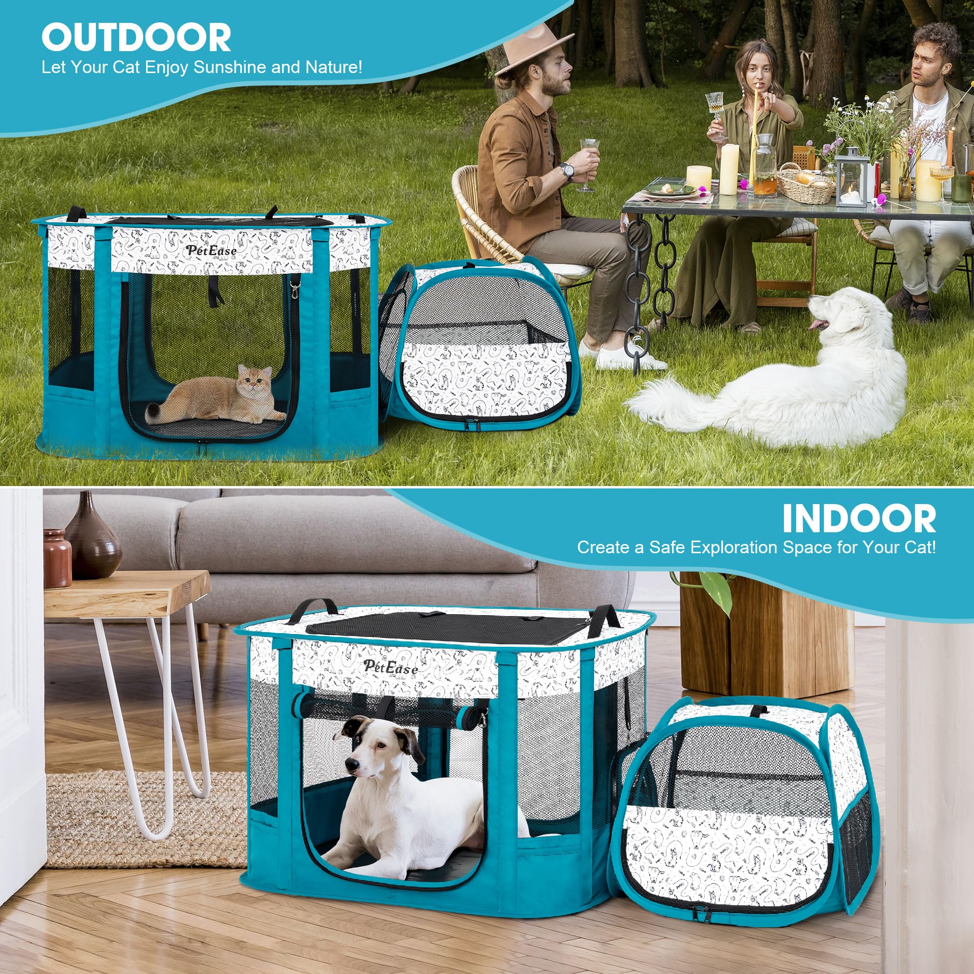 PETEASE enclosure with three entrances plus toy pockets for play.