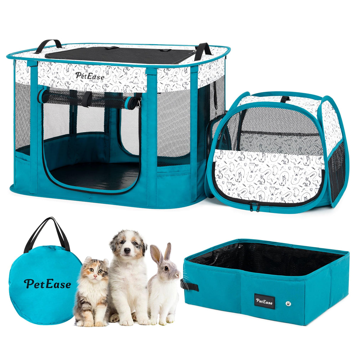 PETEASE portable cat playpen with litter box setup for odor separation and hygiene.