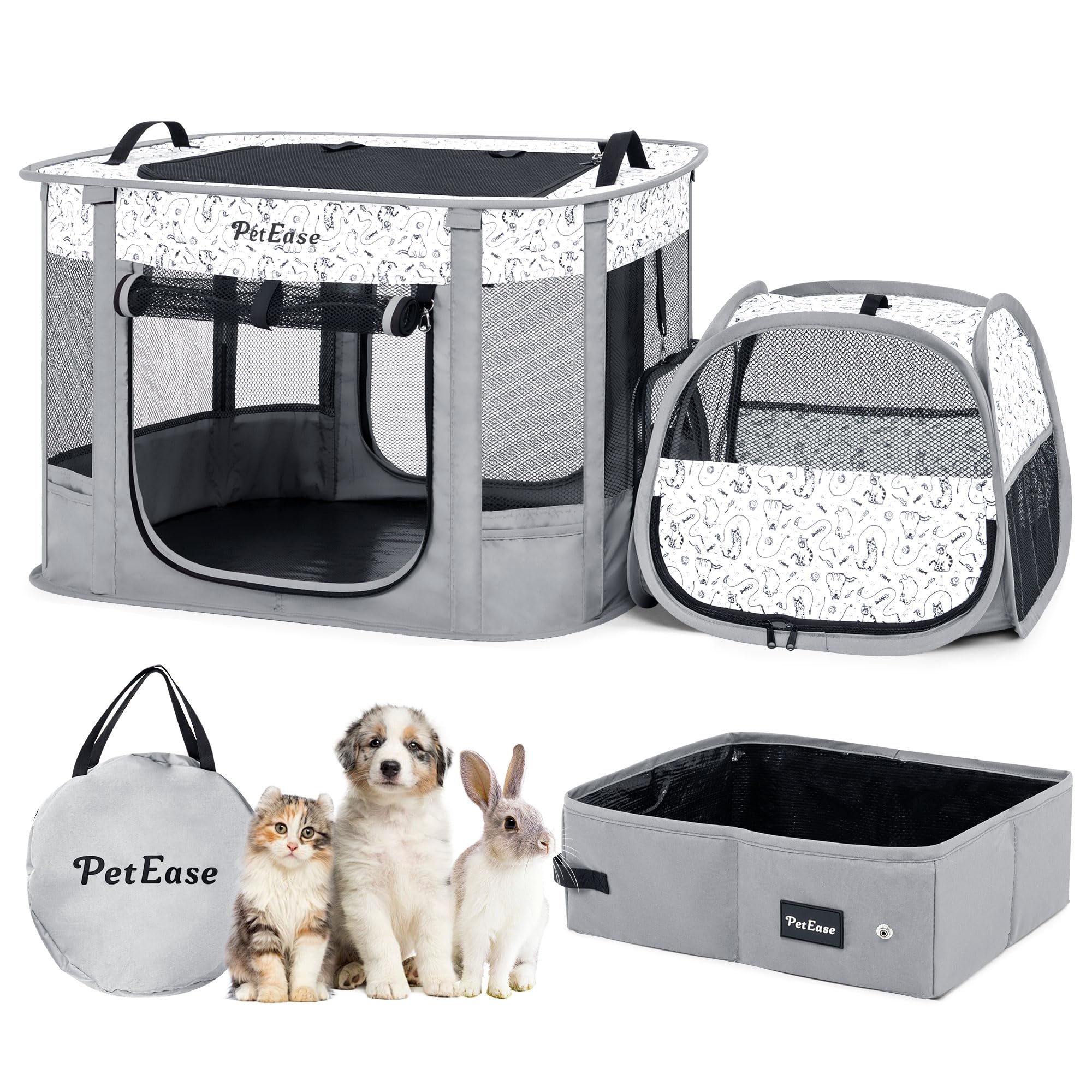 PETEASE portable cat playpen with litter box keeps play and toileting neatly separated.