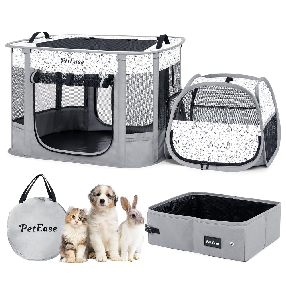 PETEASE portable cat playpen with litter box keeps play and toileting neatly separated.