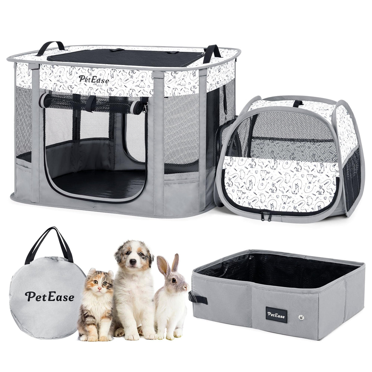 PETEASE portable cat playpen with litter box keeps play and toileting neatly separated.