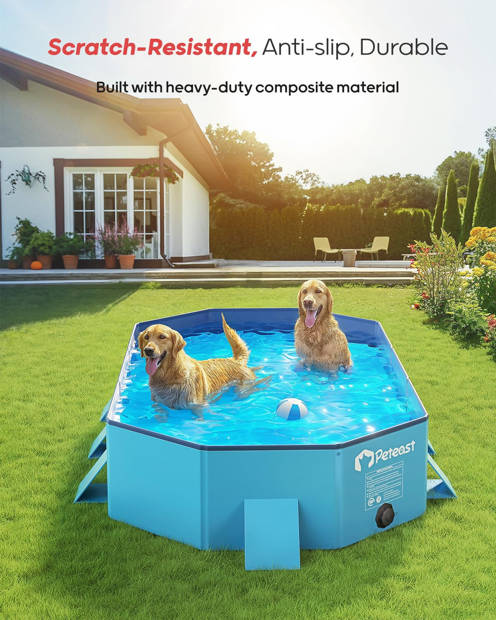 Peteast dog pool anti-slip bottom stabilizes on indoor floors during play
