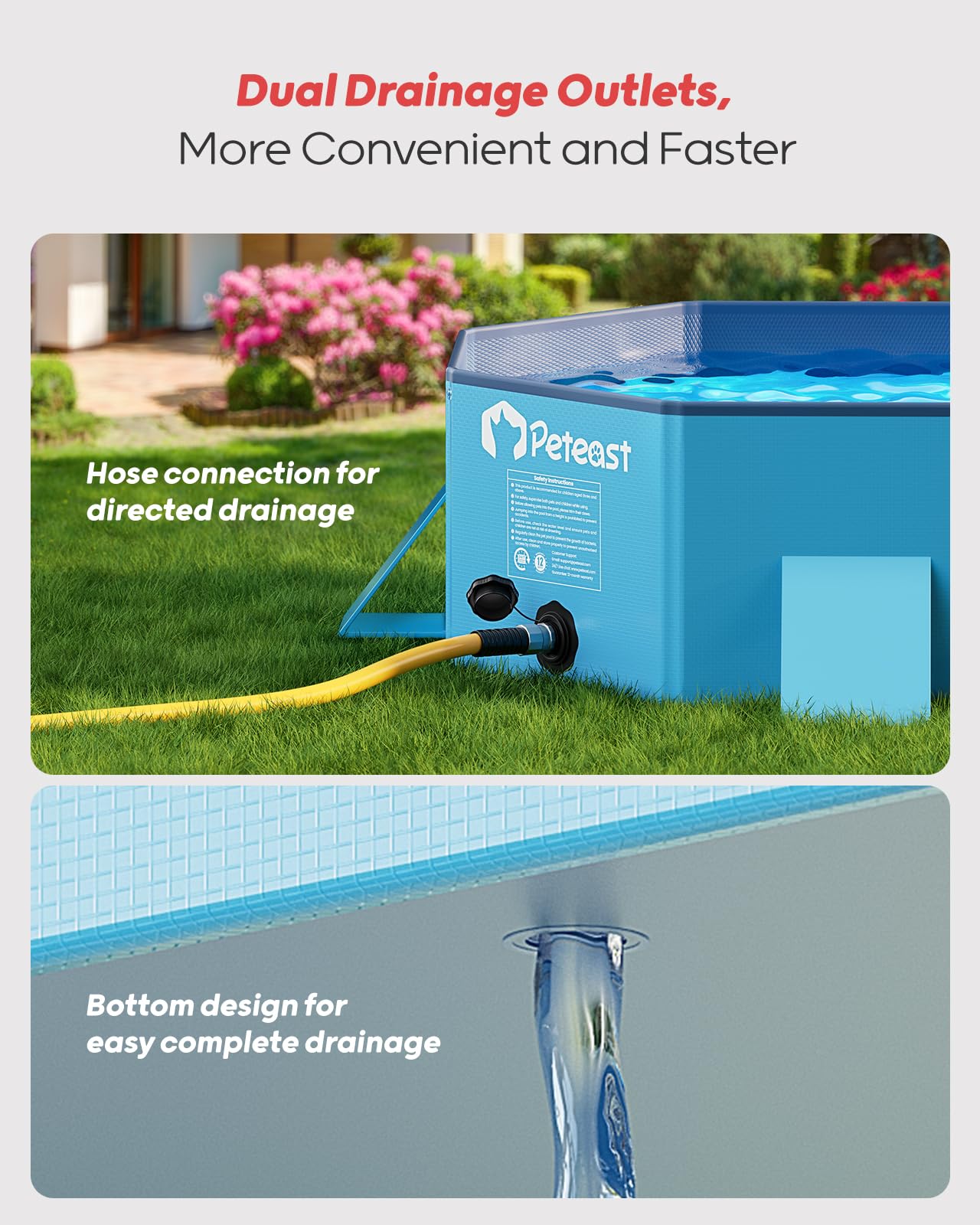 Peteast dog pool drainage system with side and bottom drains for easy cleaning