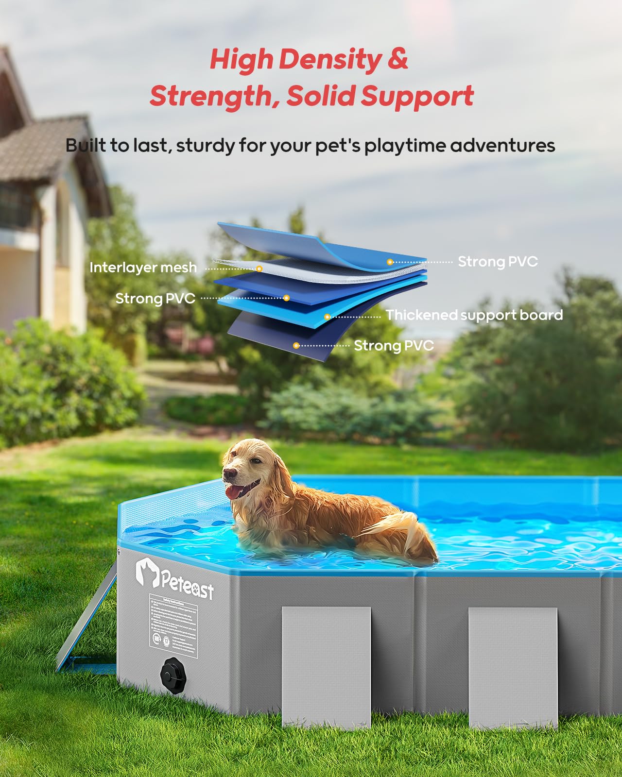 Peteast foldable dog pool extended size provides more interior room for large pets.