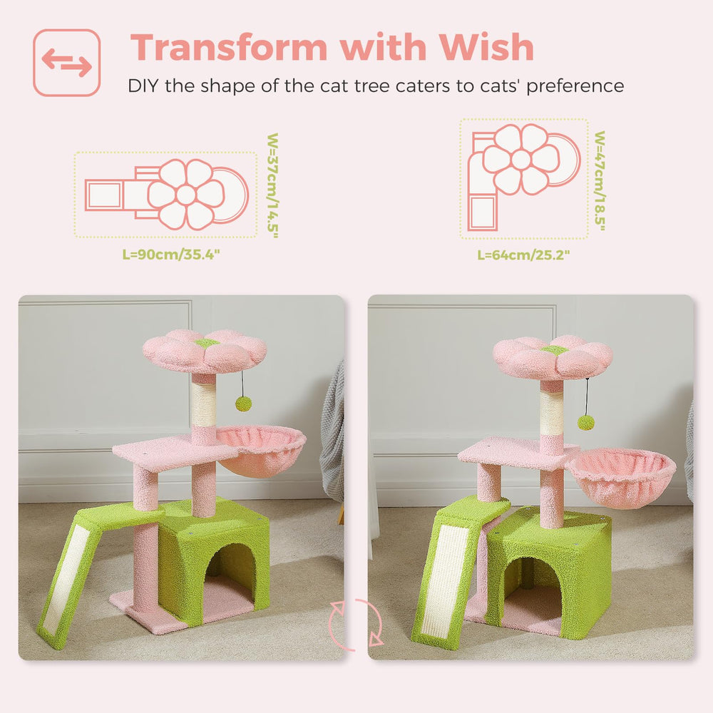 Petepela Cat Tree with Sisal Scratching Ramp helps maintain claws while entertaining.