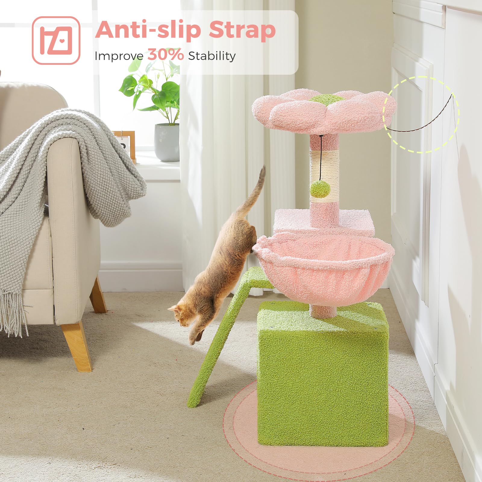 Petepela Pink Flower Cat Tree adds a playful splash to any room while keeping cats engaged.