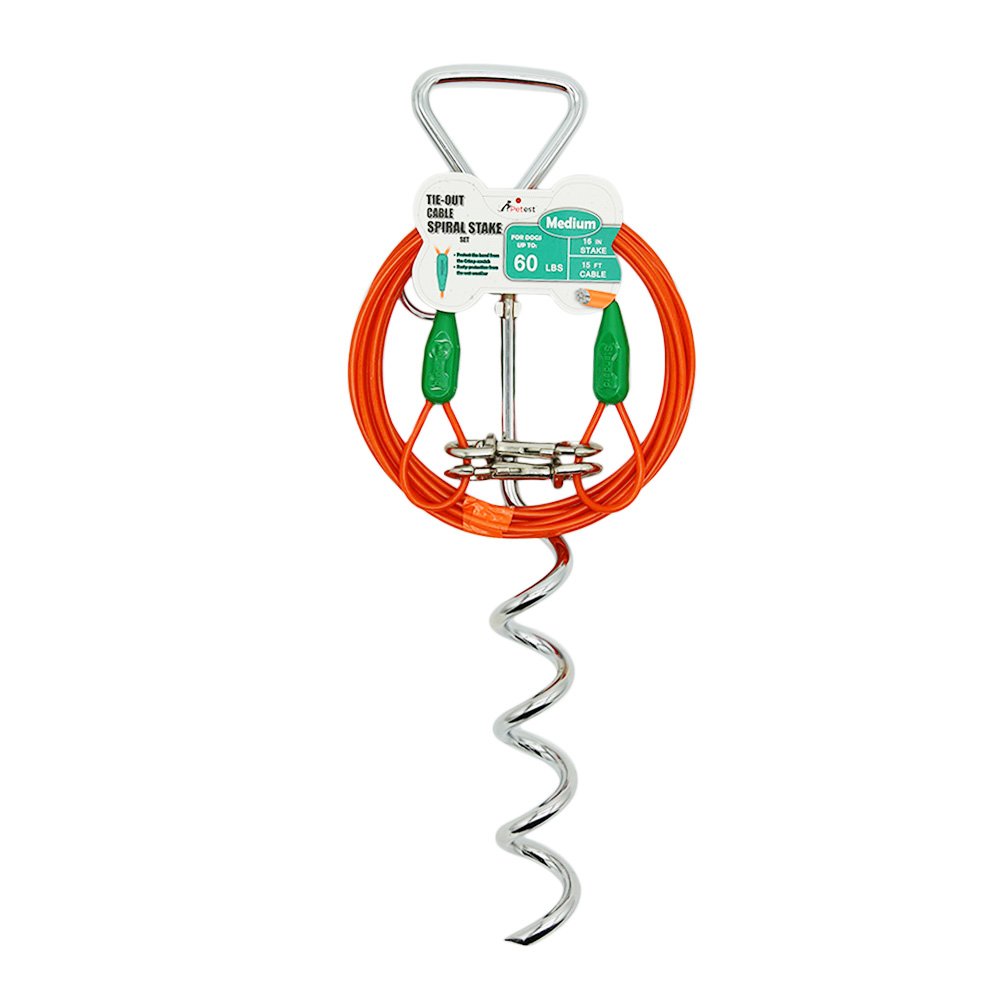Petest 16-inch spiral stake anchors securely outdoors for medium dogs.