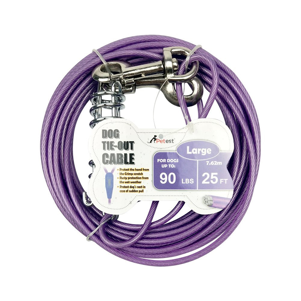 Petest 25ft tie-out cable for large dogs up to 90 pounds, durable outdoors.
