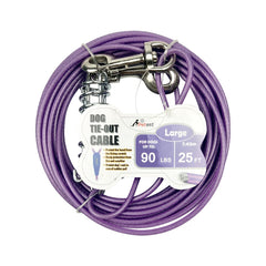 Petest 25ft tie-out cable for large dogs up to 90 pounds, durable outdoors.
