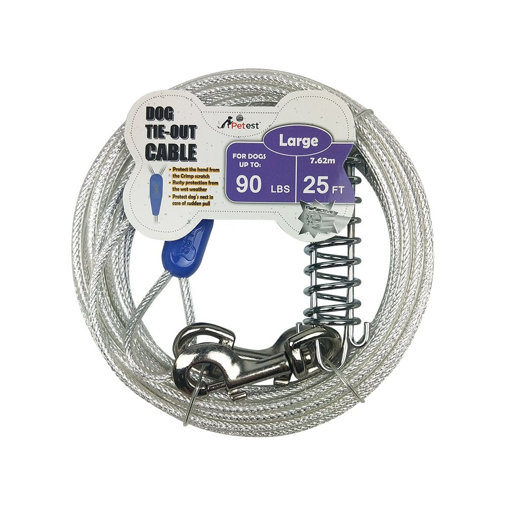 Petest 25ft tie-out cable shows rugged steel construction for large dogs up to 90 lbs.