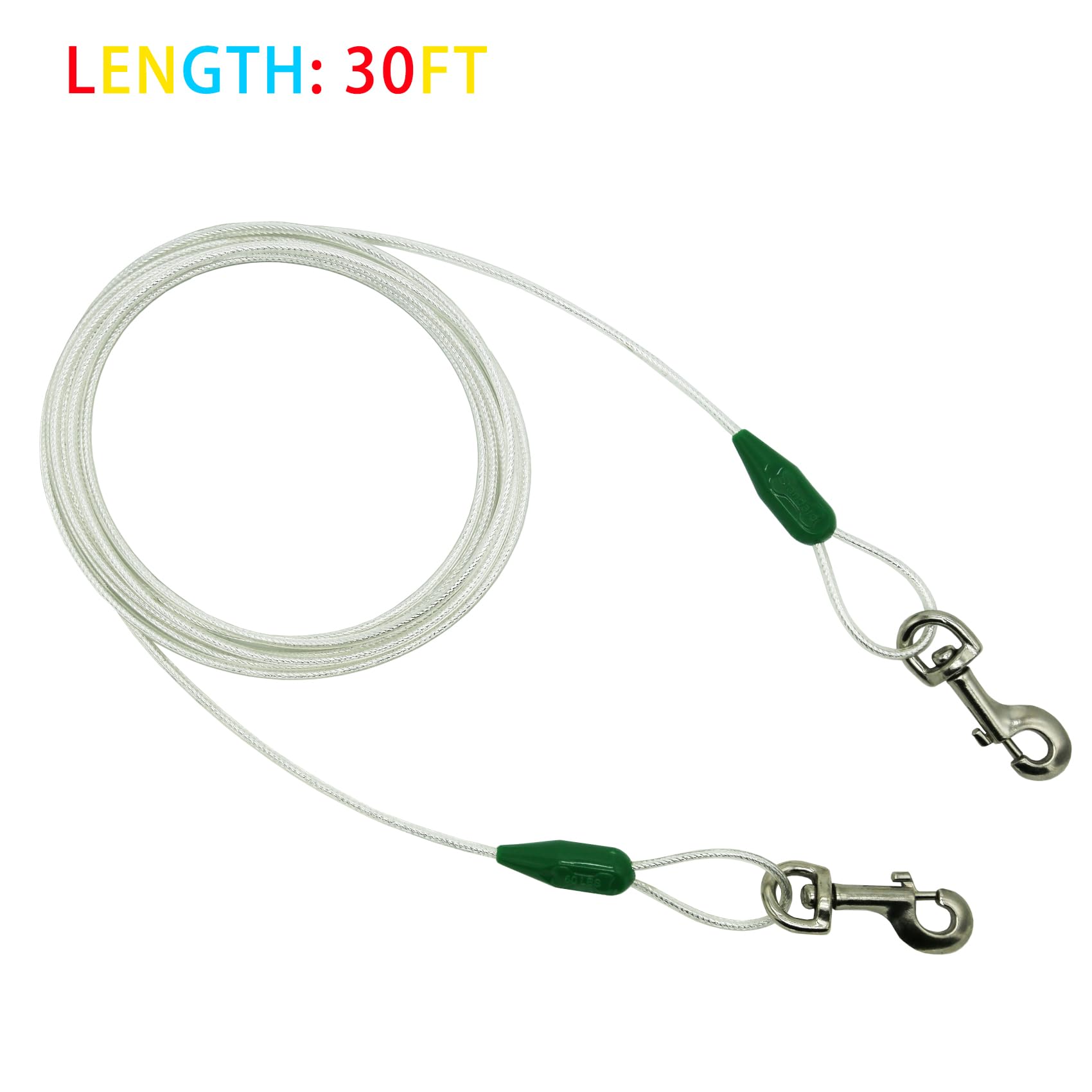 Petest 30ft reflective tie-out cable close-up on steel cable durability
