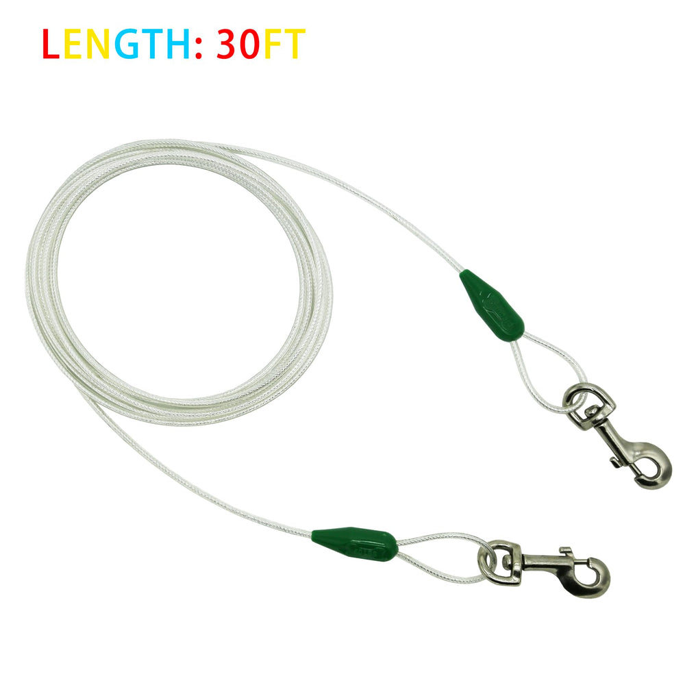 Petest 30ft reflective tie-out cable close-up on steel cable durability