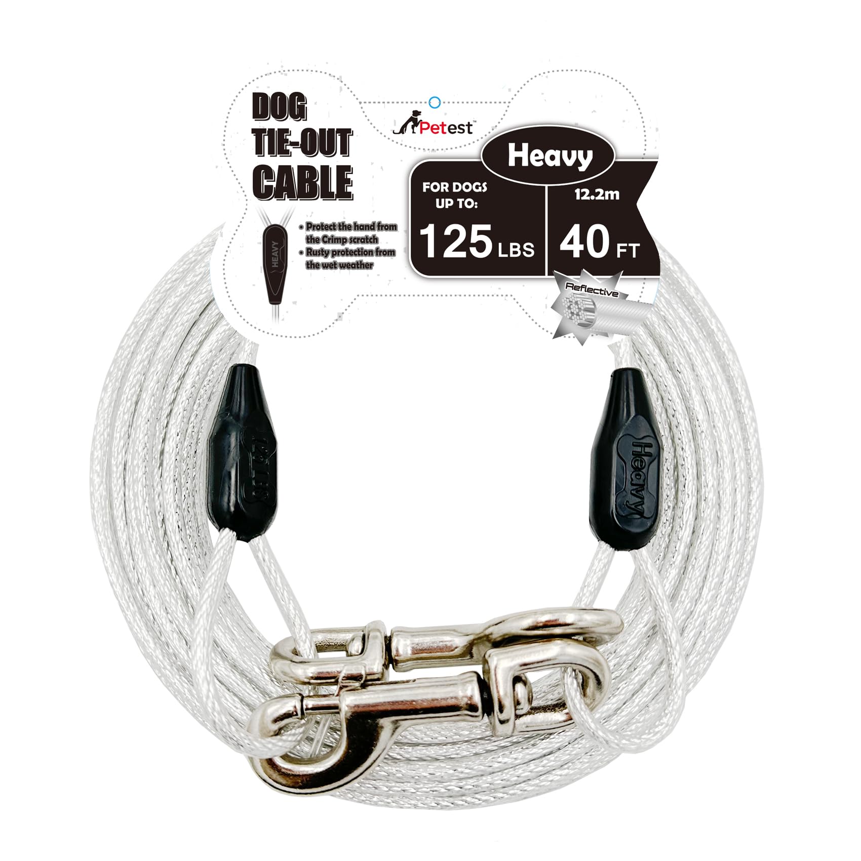 Petest 40ft Reflective Tie-Out Cable keeps large dogs secure outdoors at night.