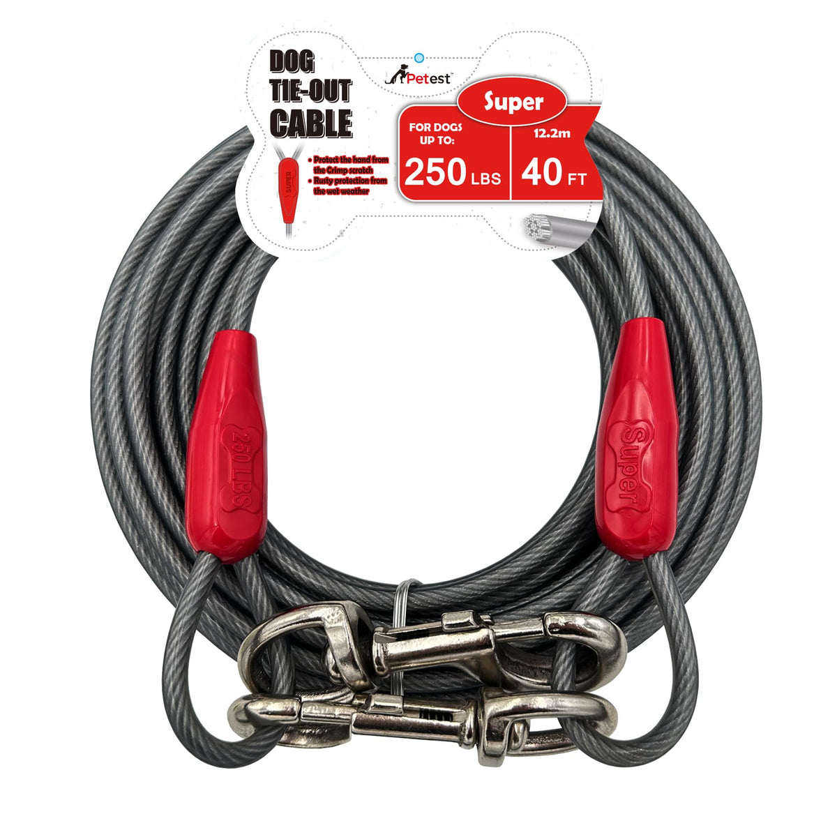 Petest 40ft tie-out cable with steel construction for strong support of large dogs.