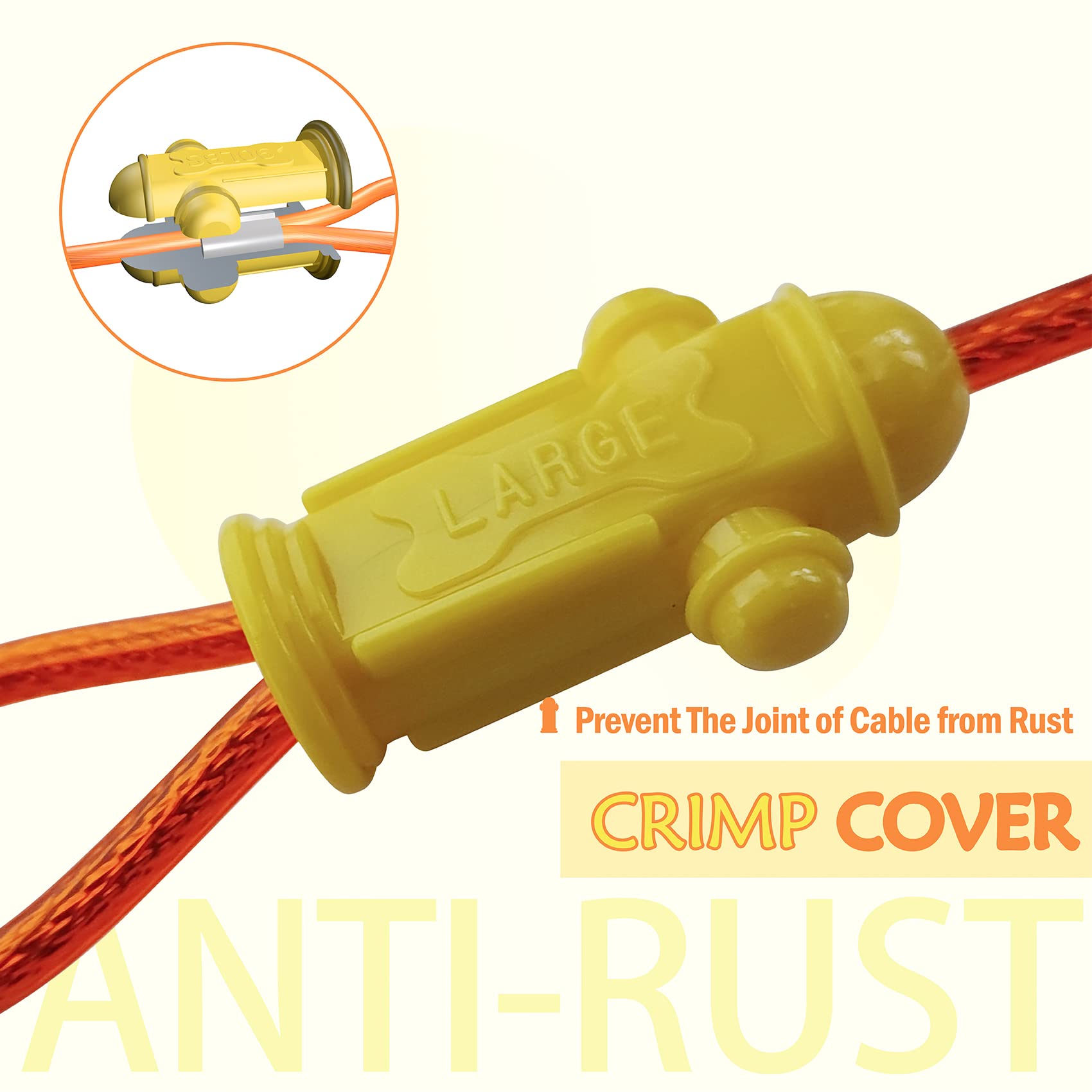 Petest crimp-cover tie-out end protection guards cable ends from rain and wear.