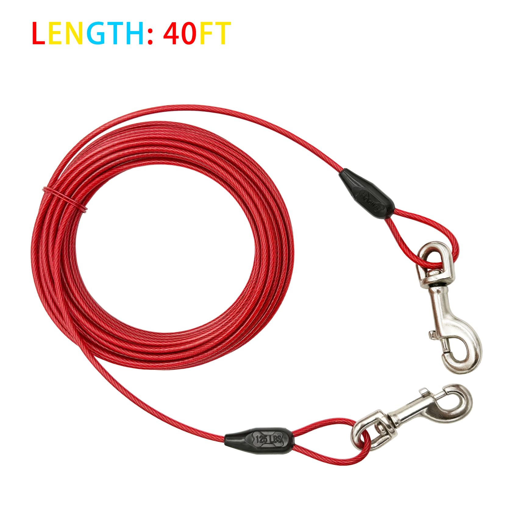 Petest steel cable and swivel clips close-up showing durability for outdoor use.