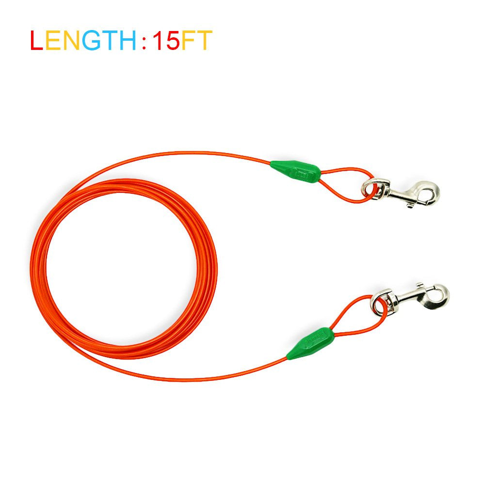 Petest steel cable with swivel clips enables smooth movement for outdoor tethering.