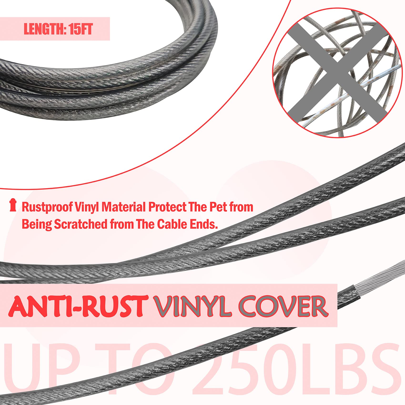 Petest steel cable with swivel clips for strong, long-lasting use.