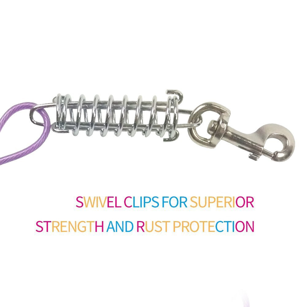 Petest tie-out cable with buffer spring protects dog's neck during tension.