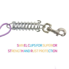 Petest tie-out cable with buffer spring protects dog's neck during tension.