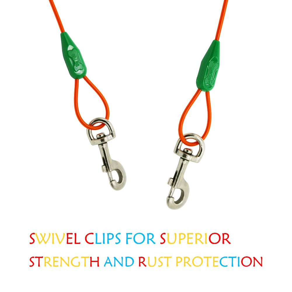 Petest vinyl-coated cable protects against rain and rust while staying visible.