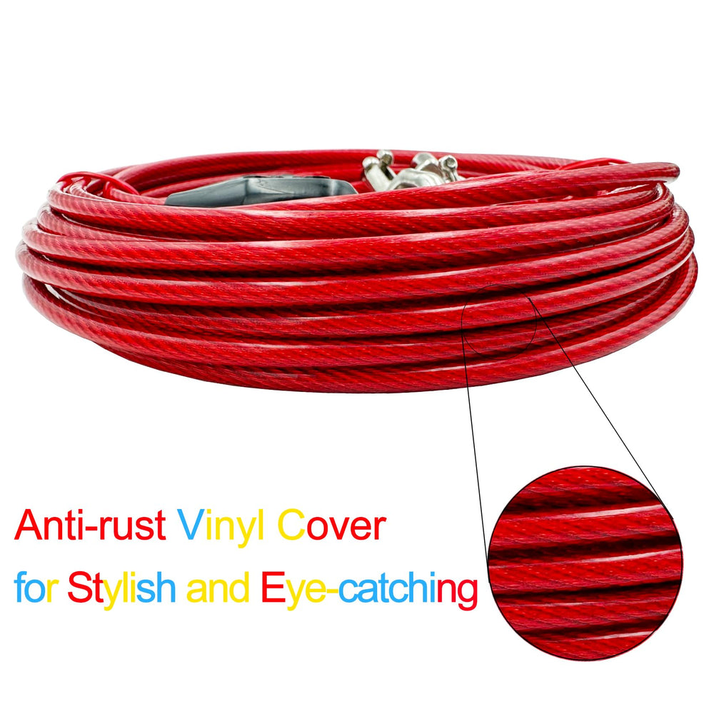 Petest vinyl-covered tie-out protects against rain and rust with bold color.
