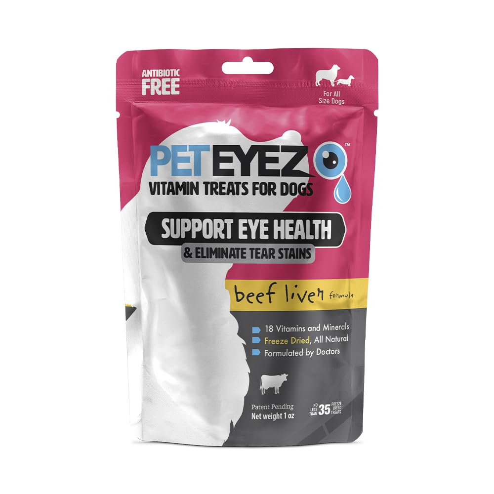 PetEyez Tear Stain Remover Treats packaging supports daily use for tear management.